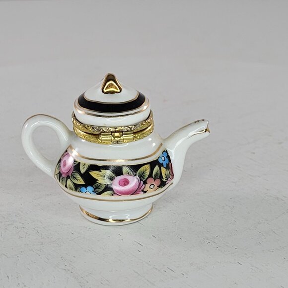 Miniature Floral Porcelain Teapot Trinket Box With Gold Trim - Picture 4 of 8